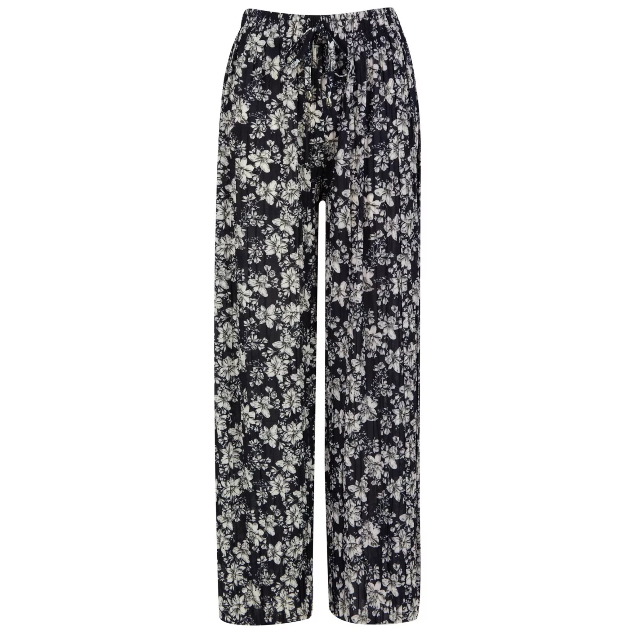 Ladies navy floral print harem palazzo trousers with elastic waistband and drawstring